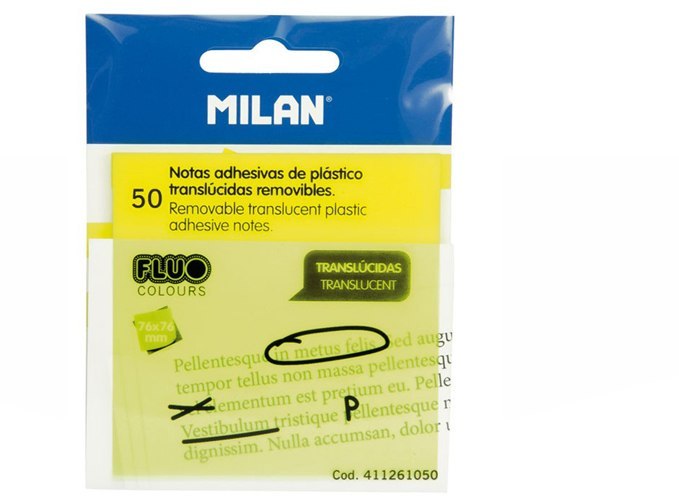 BILLETES AUTOADHESIVOS AMARILLO MILAN FLUO TRANSPARENTE 76 X 76 MM 50 UDS BILLETES PLÁSTICO 76X76/50K ZOL MIL FOL MILAN